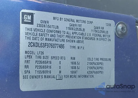 2007 Pontiac Torrent from USA, damaged, VIN 2CKDL63F976077486